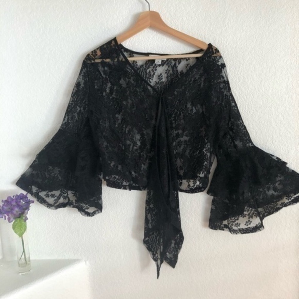NEW FAVLUX SHEER BLACK LACE KNIT BELL SLEEVE TOP M NWT